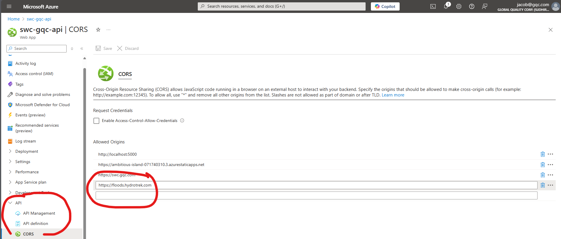 CORS Settings in Azure Webapp