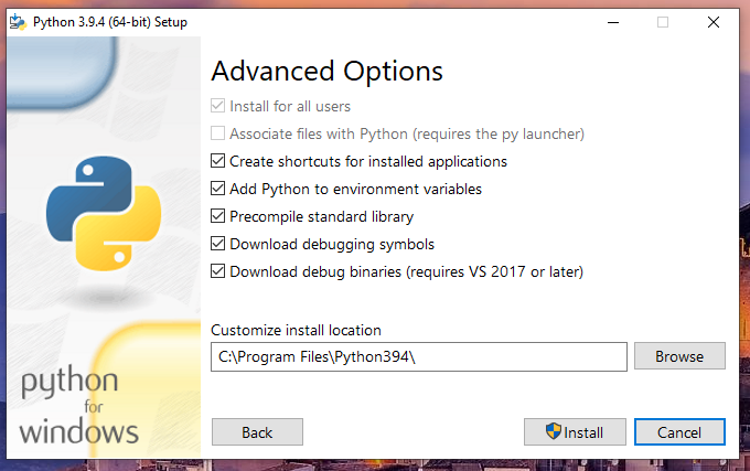 Python Installer Advanced Options