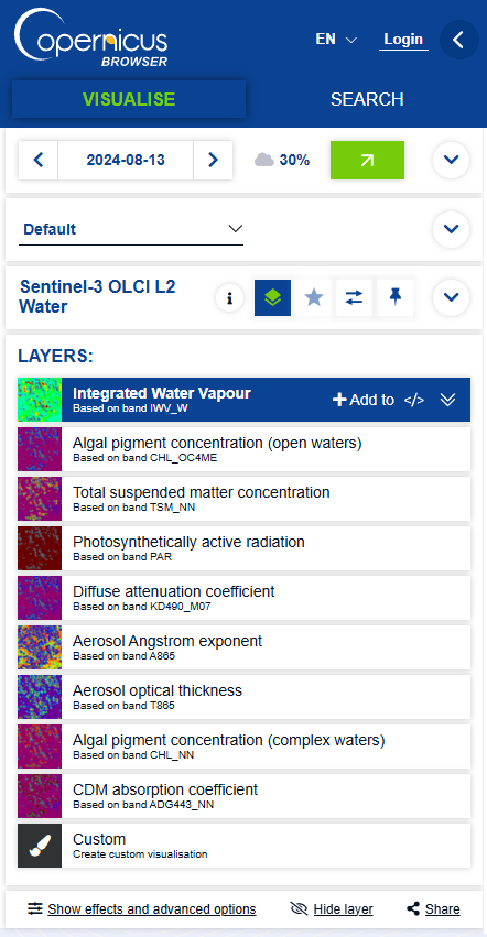 Sentinel-3 OLCI L2 Water - Layers